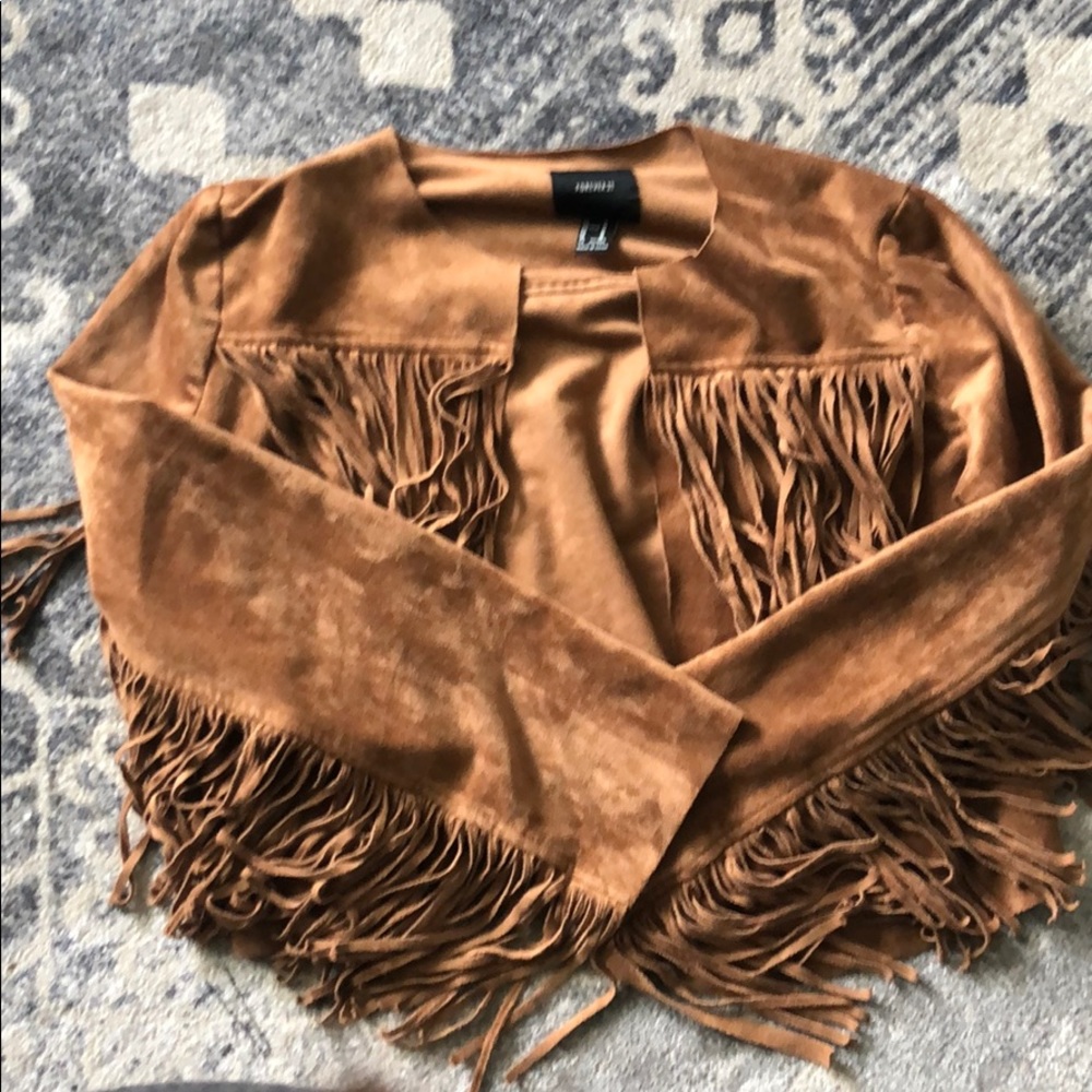 Stretchy Faux Suede Fringe Jacket by Forever 21